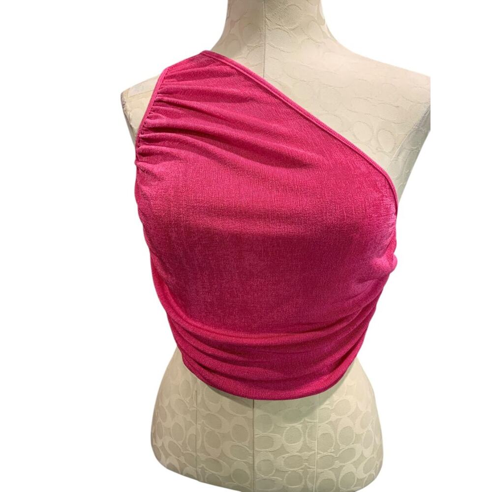 Large Hello Molly Womens One Shoulder Hot Pink Stretch Crop Shirt